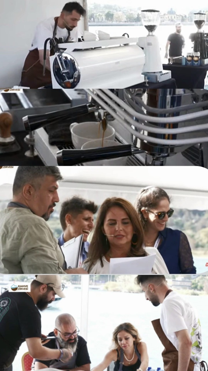Espresso hazırlığı ve kahve etkinliğindeki katılımcıları gösteren dört karelik kolaj